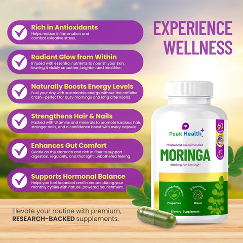 Peak Health Moringa – Natural Energy & Daily Vitality, 60 Count, Made in USA